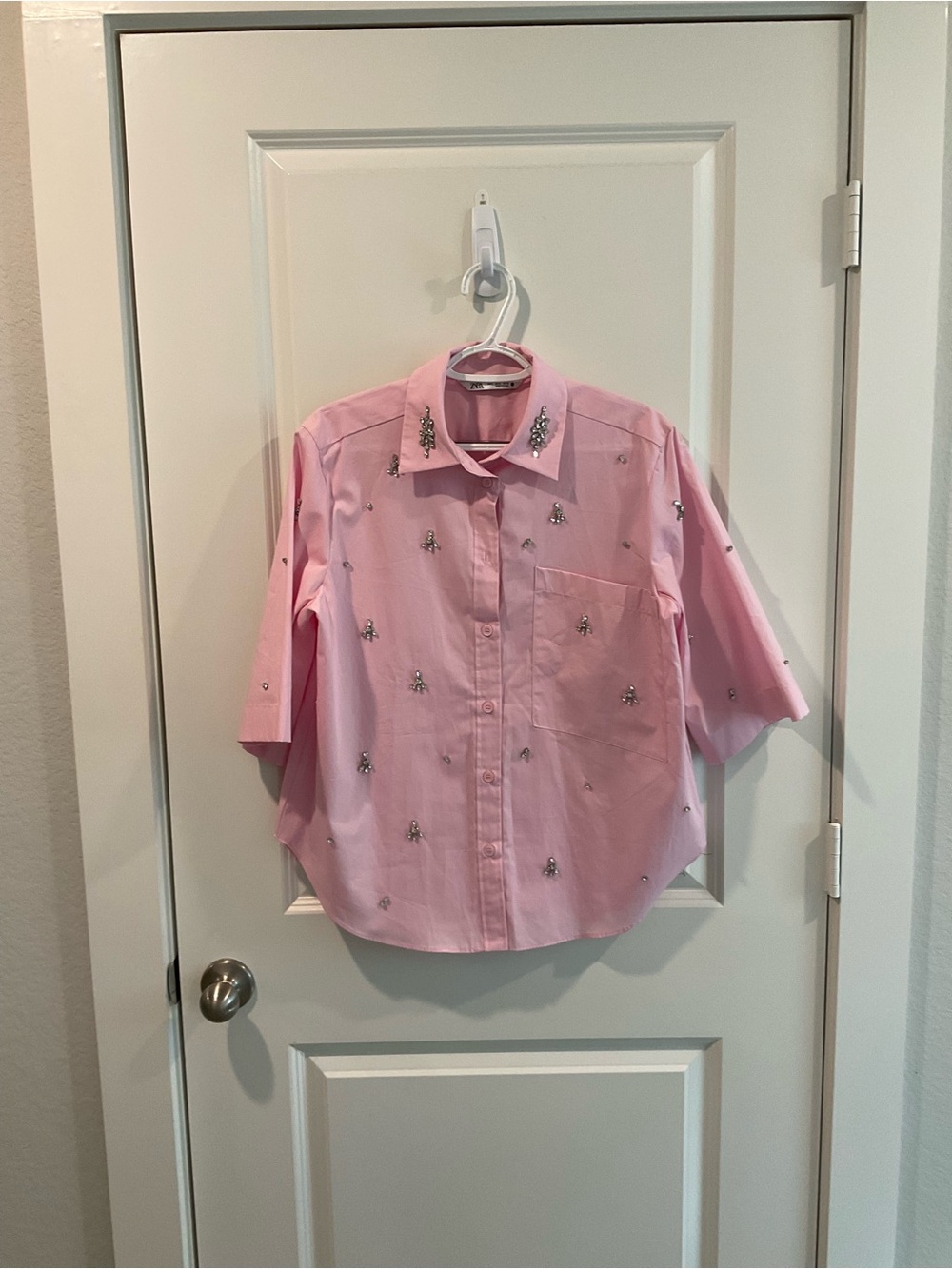 Zara Pink Short-Sleeve Embellished Button-Down Shirt